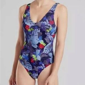 Athleta Purple Floral-Accented V-Neck One-Piece